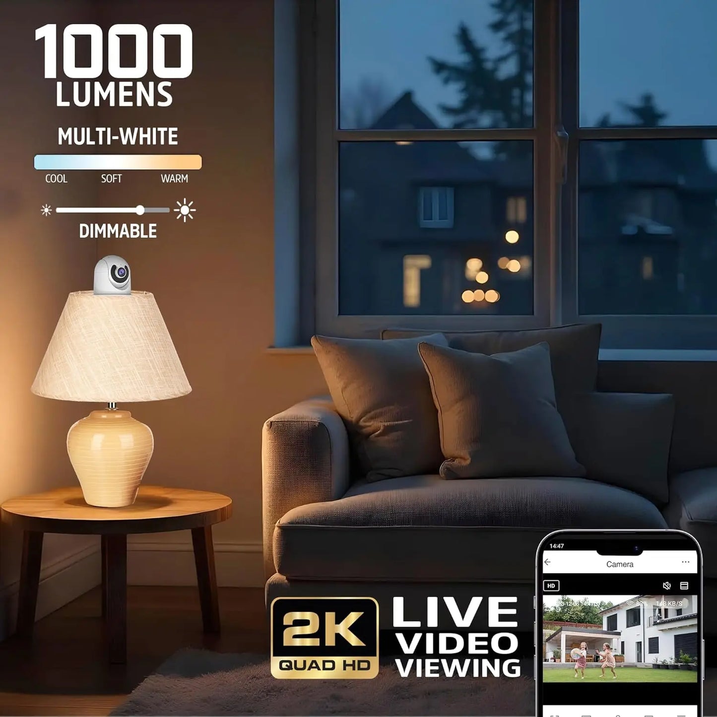 2K WiFi 5G Light Bulb Security Camera, 355° Rotation, 1000LM LED Light
